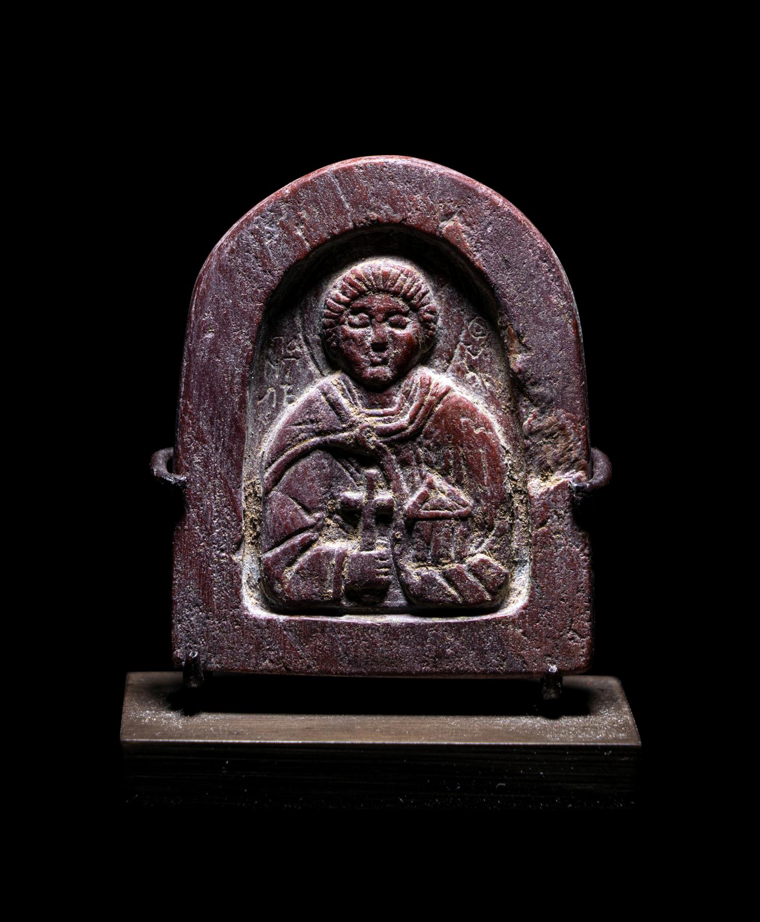 A Byzantine Red Steatite Icon of Saint Panteleimon