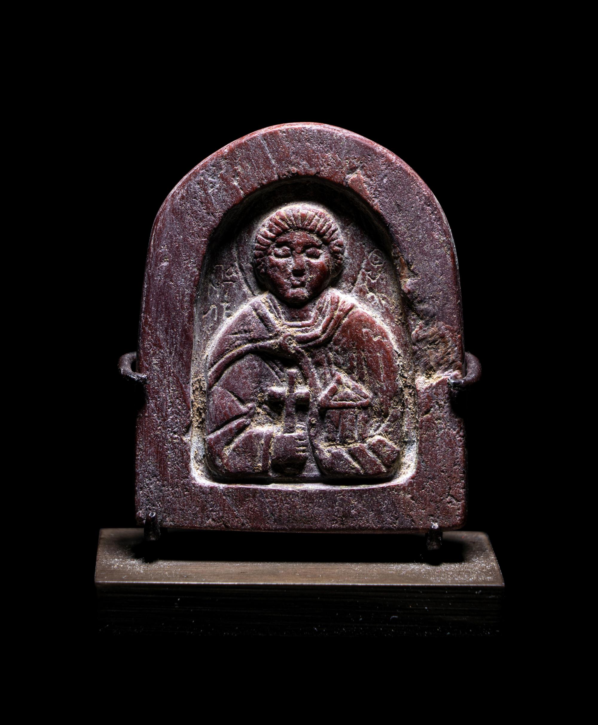 A Byzantine Red Steatite Icon of Saint Panteleimon