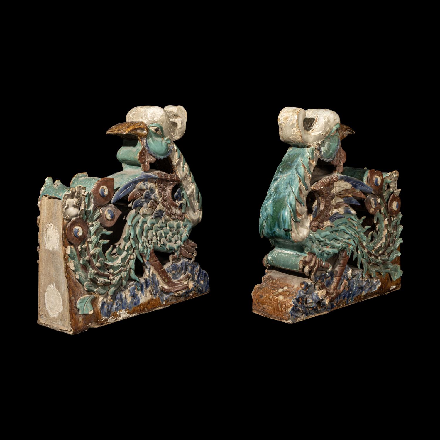 A Pair of Large Chinese Glazed Stoneware Architectural Tilework Phoenixes, Late 18th/19th Century 清中期 琉璃鳳凰大鴟吻一對
