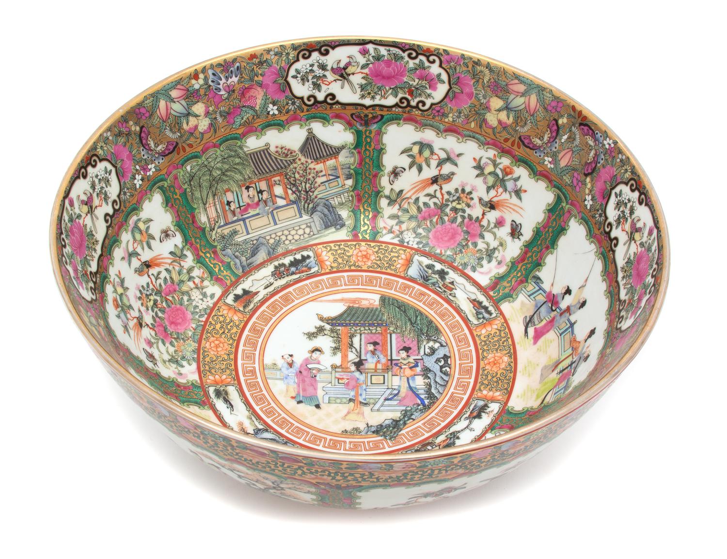 A Chinese Export Rose Medallion Porcelain Punchbowl Diameter 14 inches. — 20TH CENTURY