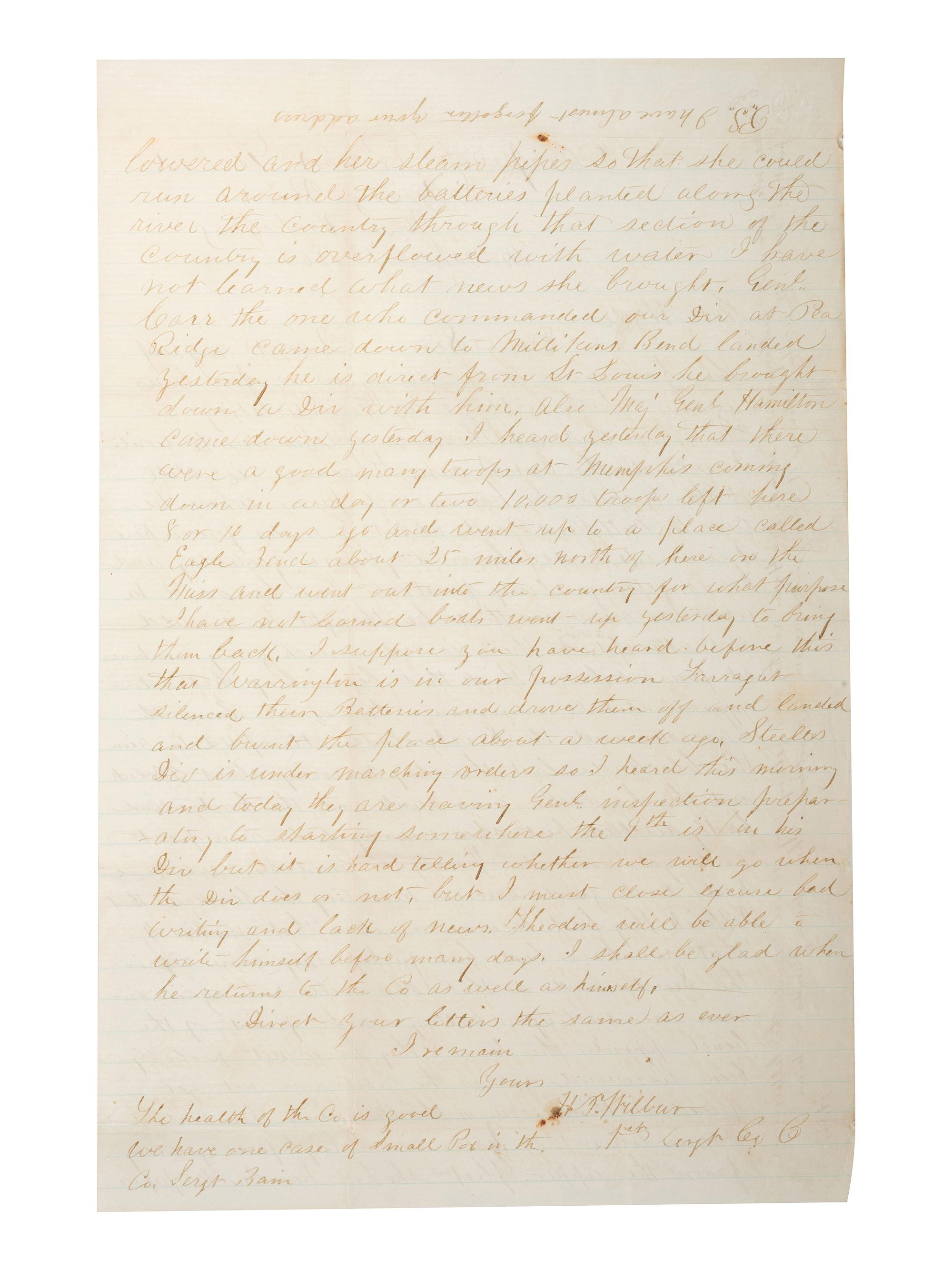 [CIVIL WAR - NAVY]. WILBUR, H.P. Autograph letter signed ("H.P. Wilbur") to a "Mr. Hyde." "Young's Point Near Vicksburg," 27 March 1863.