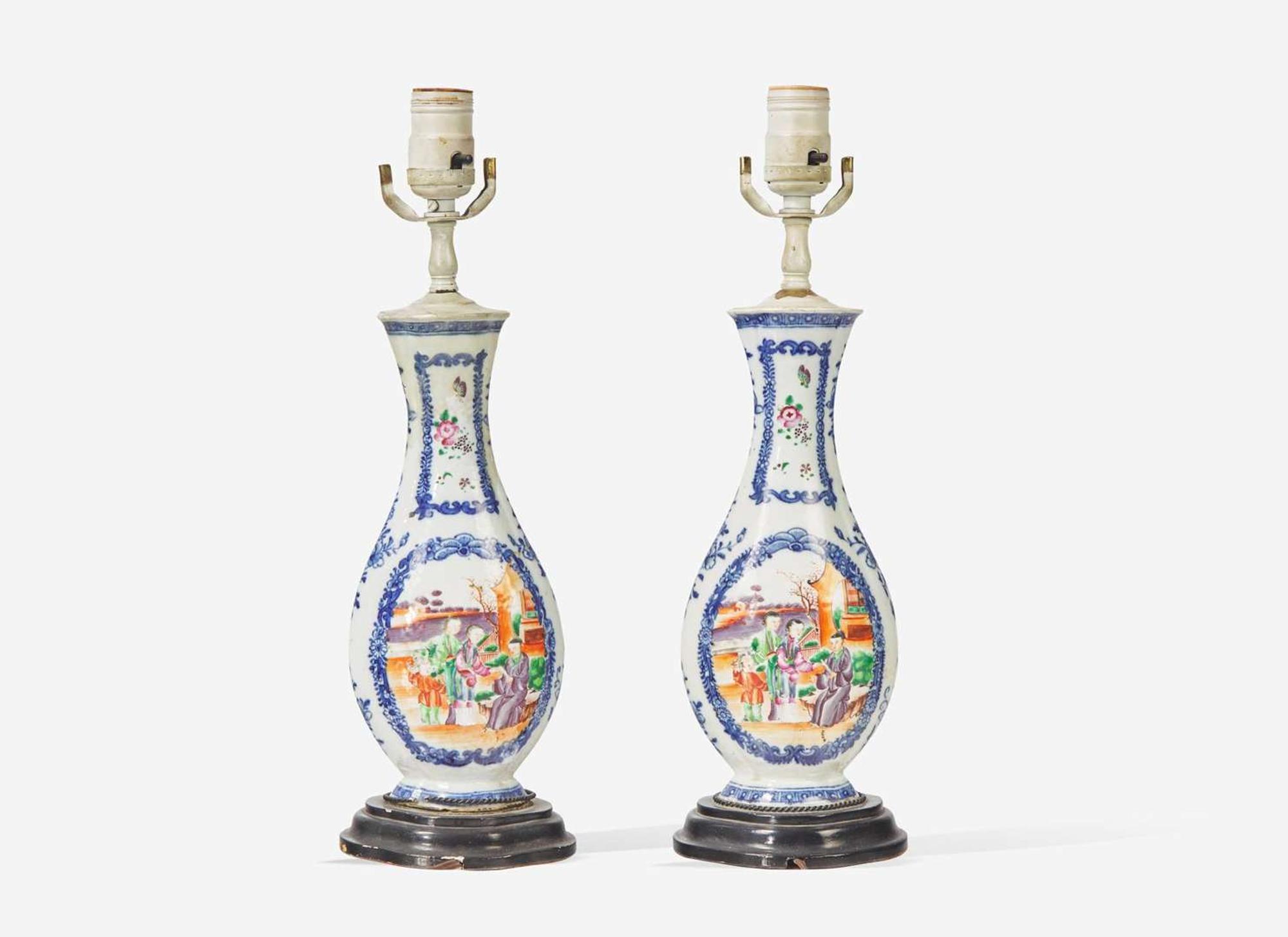 A pair of Chinese Export porcelain vases fitted as lamps, 18th century and later