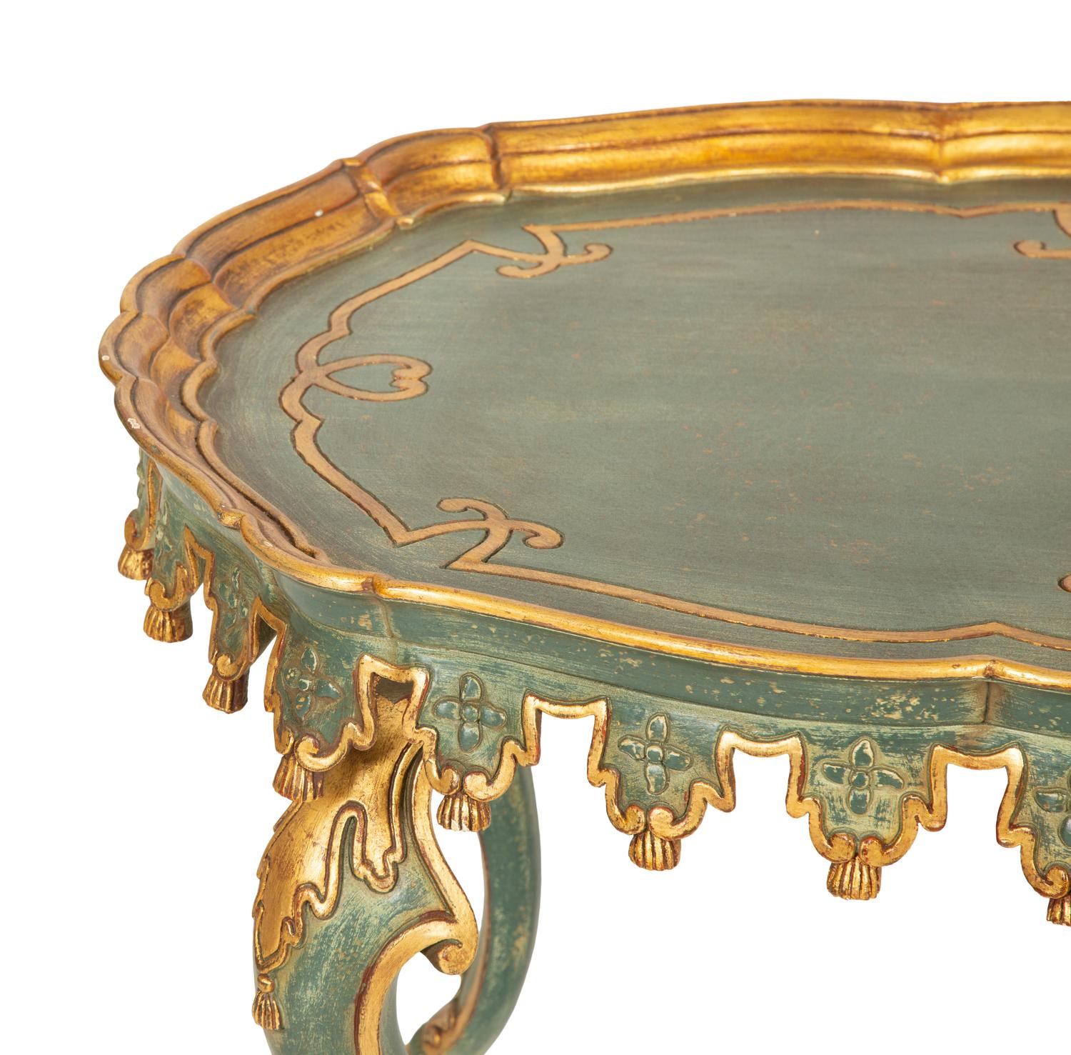 A Venetian Style Green-Painted and Parcel Gilt Tray-Top Low Table