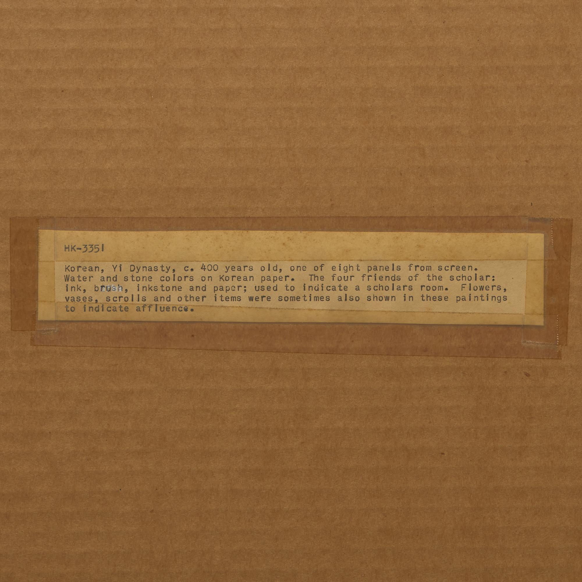Attributed to Lee Taek-Gyun (Korean, 1808-after 1883), A Set of Three Books and Scholars’ Accoutrements (Chaekgeori) Paintings, Joseon Dynasty, 19th Century — 李宅均（款，朝鮮王朝，1808-1883以后）《冊架圖》三幅