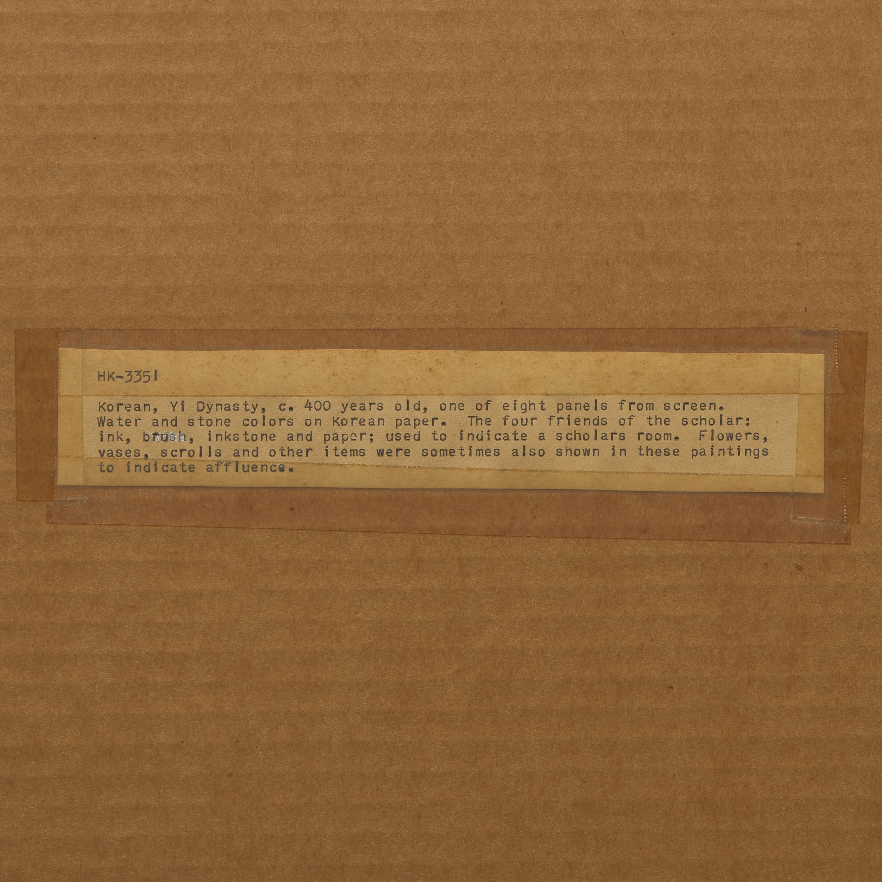 Attributed to Lee Taek-Gyun (Korean, 1808-after 1883), A Set of Three Books and Scholars’ Accoutrements (Chaekgeori) Paintings, Joseon Dynasty, 19th Century — 李宅均（款，朝鮮王朝，1808-1883以后）《冊架圖》三幅