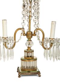 A Pair of Continental Gilt Metal and Glass Two-Light Candelabra