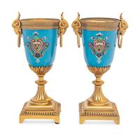 A Pair of Continental Gilt Bronze and Enamel Urns