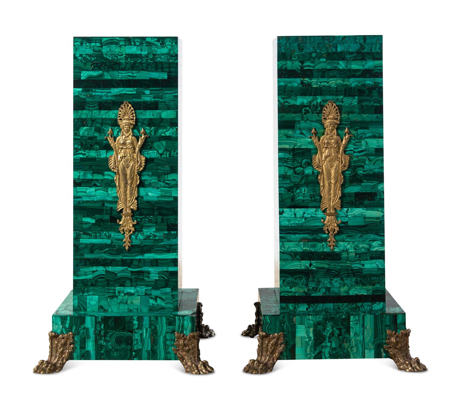 A Pair of Empire Style Gilt Bronze Mounted Malachite Veneered Pedestals
