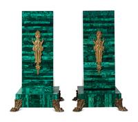 A Pair of Empire Style Gilt Bronze Mounted Malachite Veneered Pedestals
