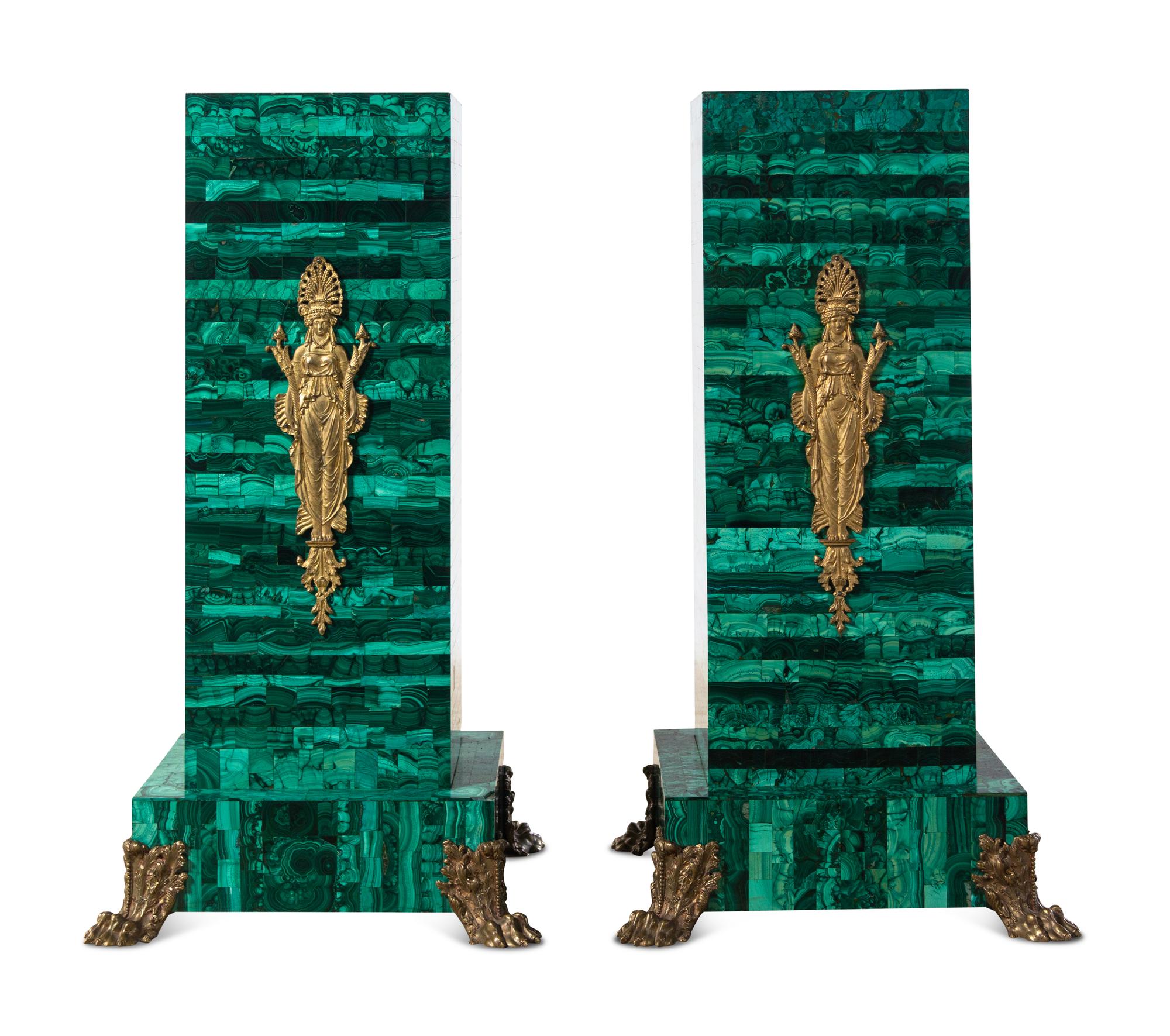 A Pair of Empire Style Gilt Bronze Mounted Malachite Veneered Pedestals