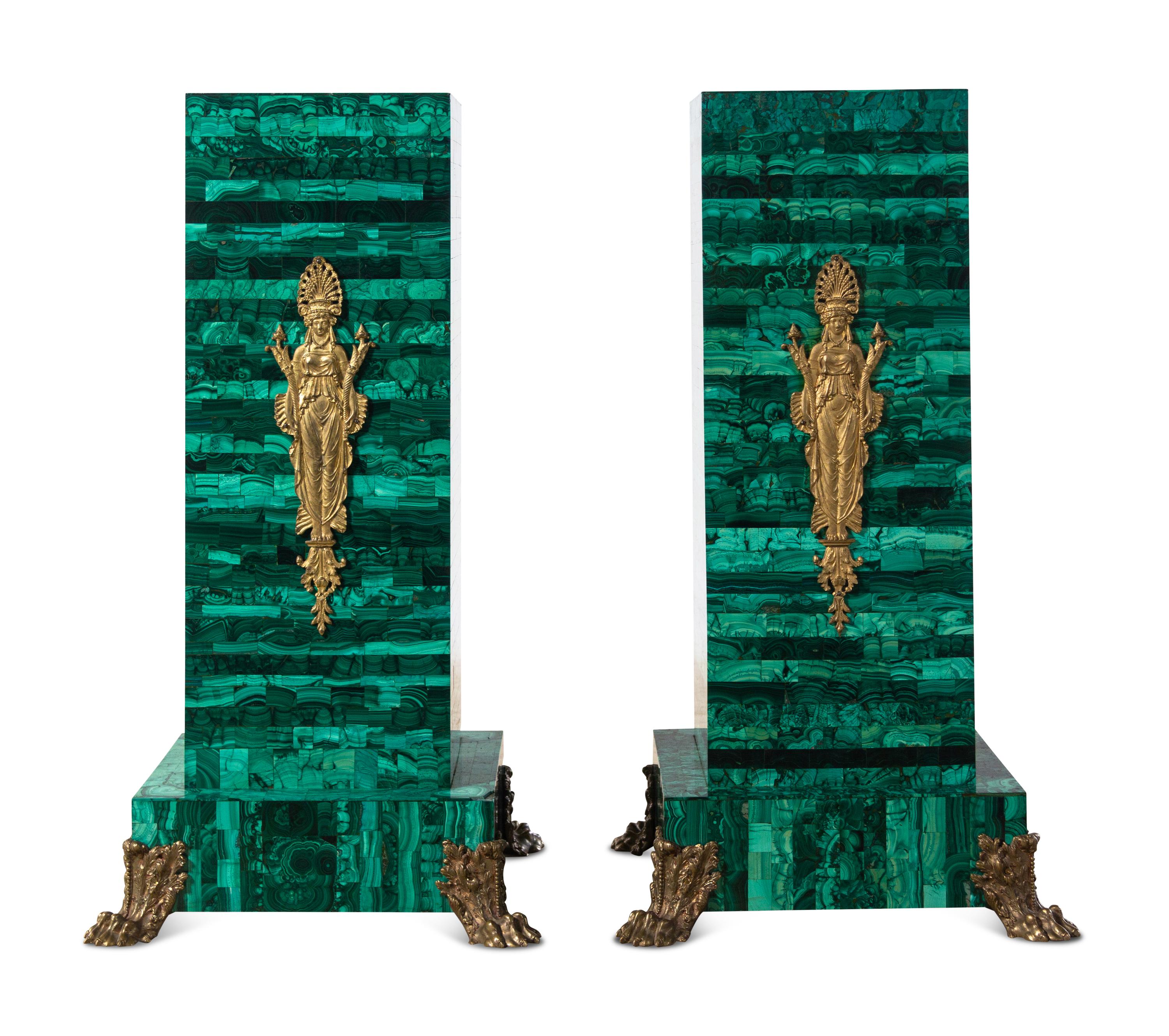 A Pair of Empire Style Gilt Bronze Mounted Malachite Veneered Pedestals