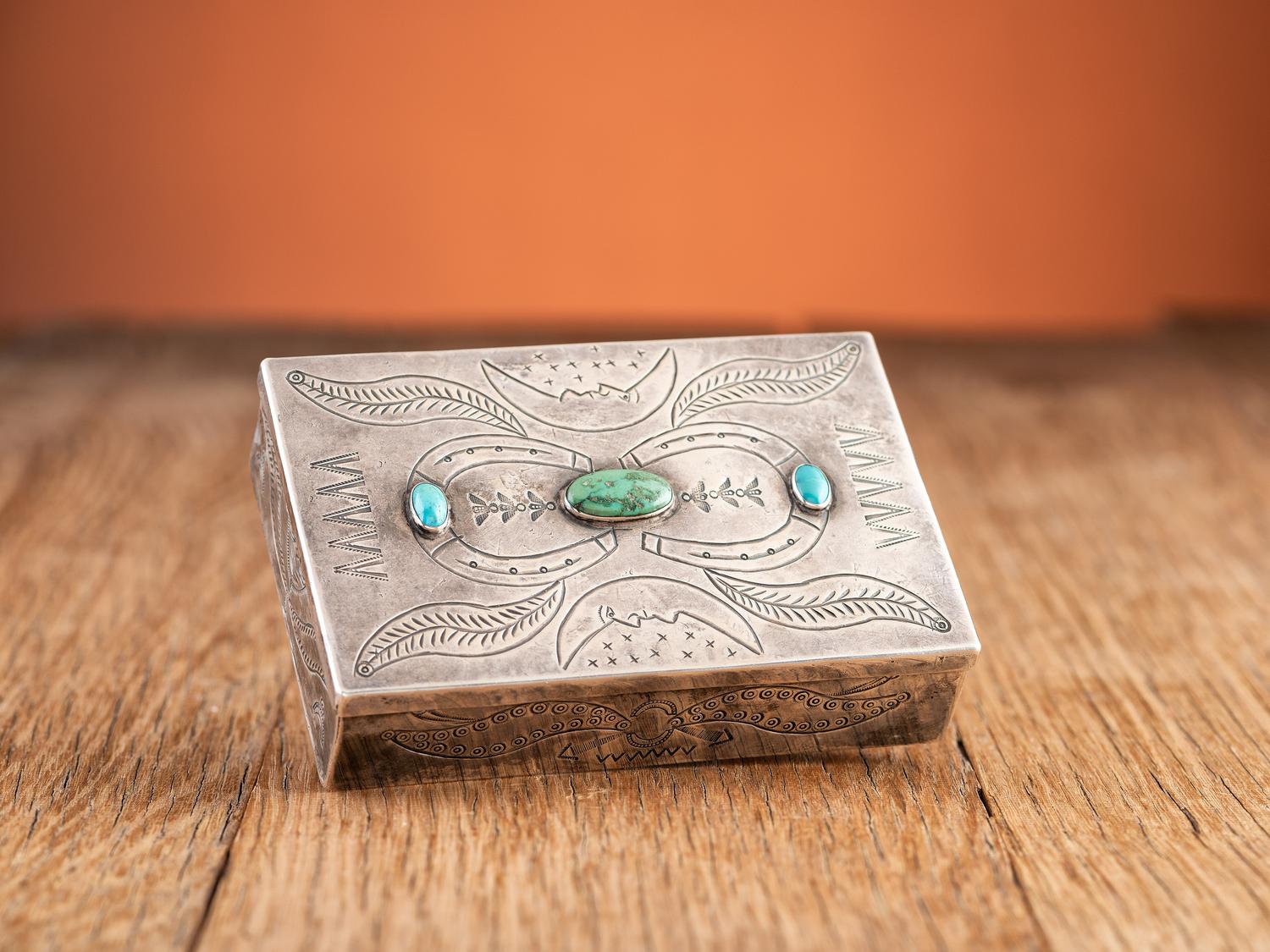 Navajo Heavily Stamped Whimsical Silver Box, with Turquoise Inlay
