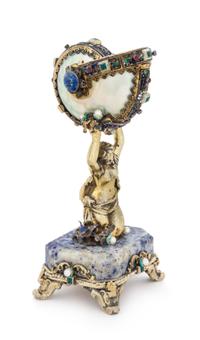 An Austro-Hungarian Silver, Hardstone and Jewel Inset Table Ornament, Pest, Late 19th Century, modeled to show a mermaid supporting the
