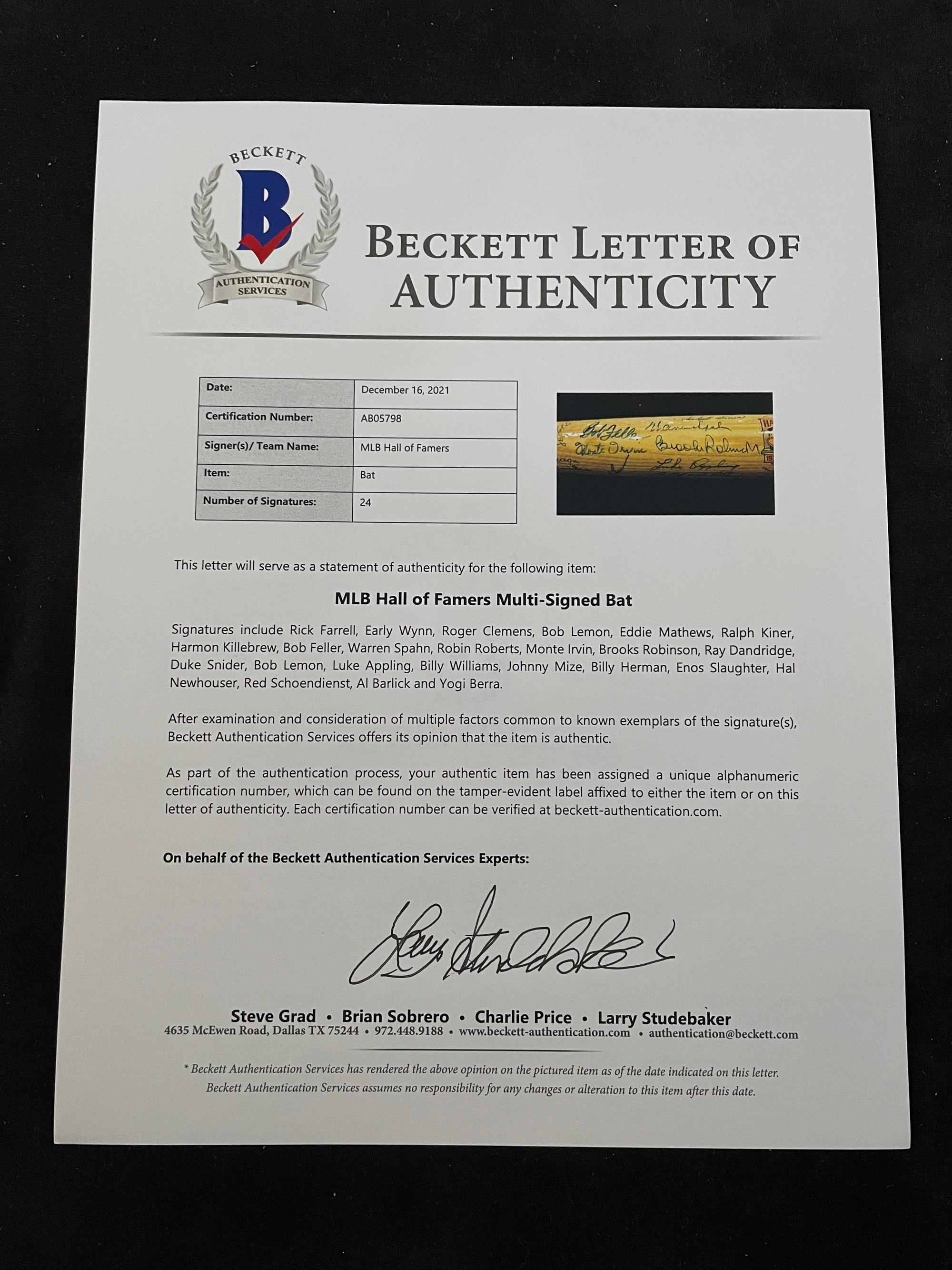A National Baseball Hall of Fame 50th Anniversary Signed Autograph Bat (23 Signatures, Beckett Authentication Services Letter BAS Certified)