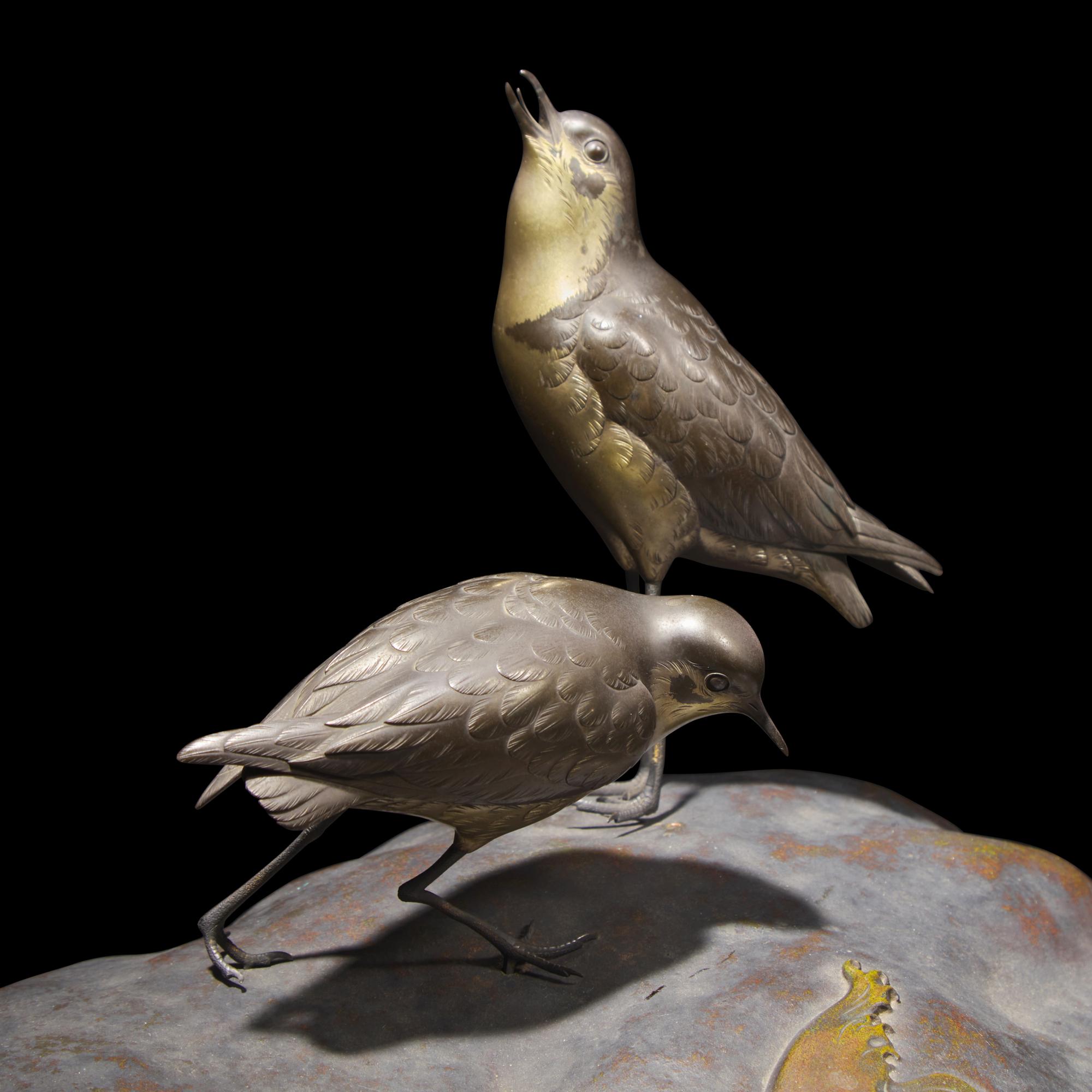 A Japanese Patinated Bronze "Shore Birds" Figural Group, Taisho/Showa Period, Signed