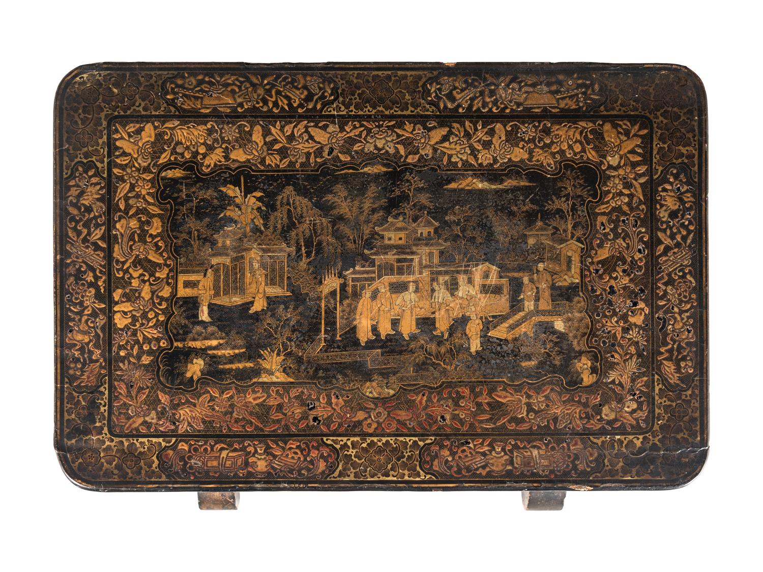 A Chinese Export Black Lacquer and Parcel Gilt Needlework Table