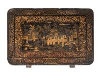 A Chinese Export Black Lacquer and Parcel Gilt Needlework Table