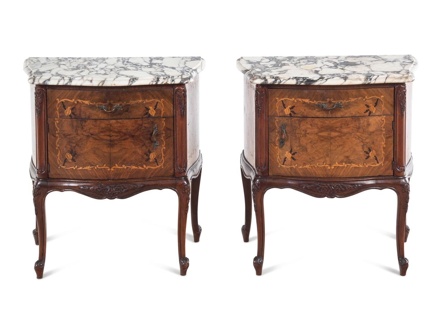 A Pair of Italian Burlwood Marble-Top Commodini