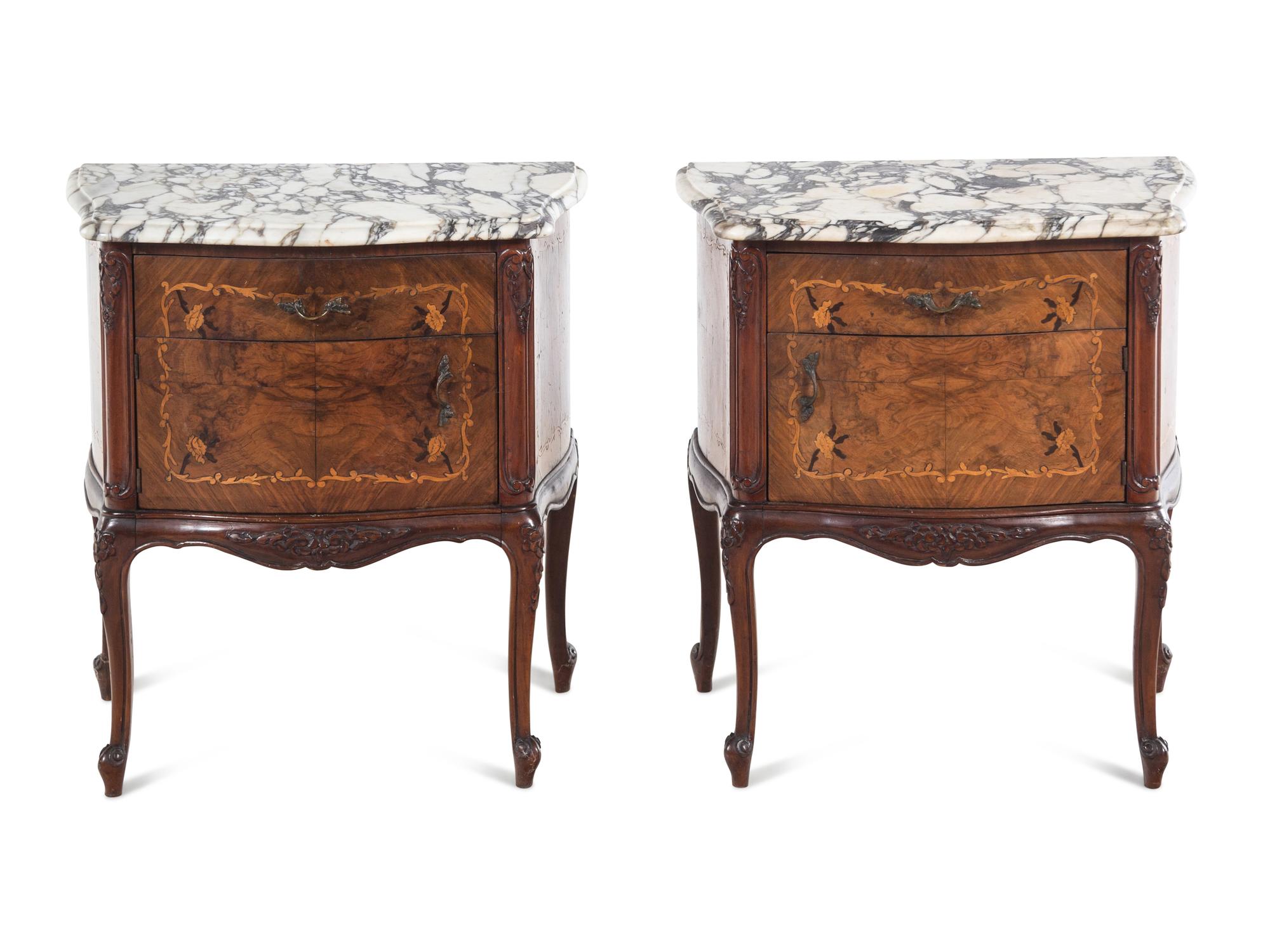 A Pair of Italian Burlwood Marble-Top Commodini