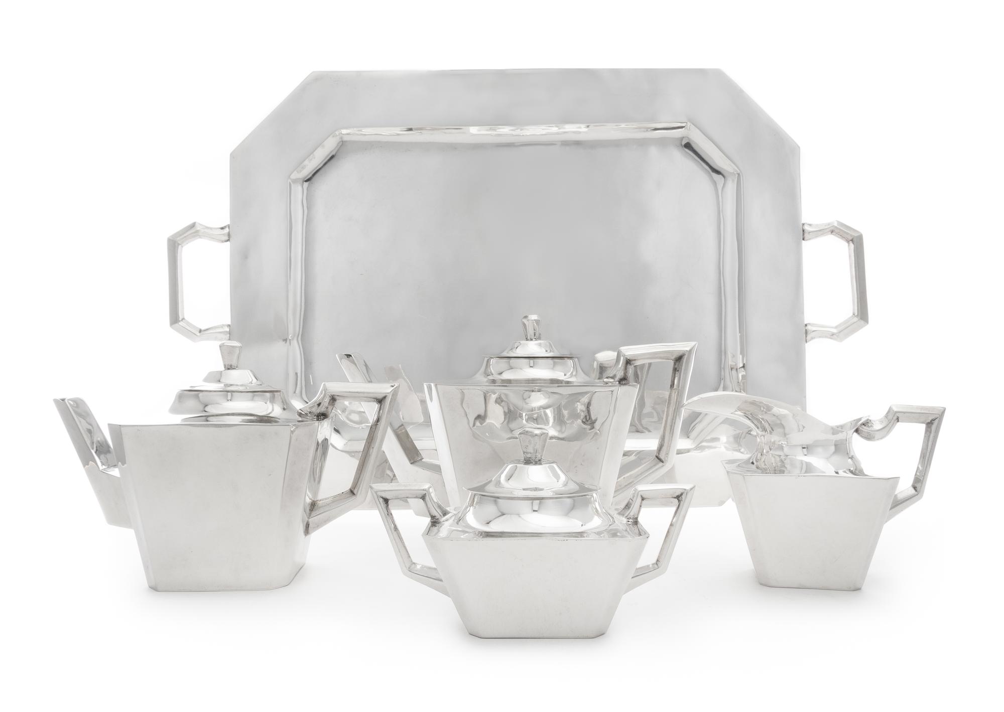 A Mexican Silver Five-Piece Tea and Coffee Service, Feisa, First Half 20th Century, in the Art Deco taste, comprising a coffee pot, tea