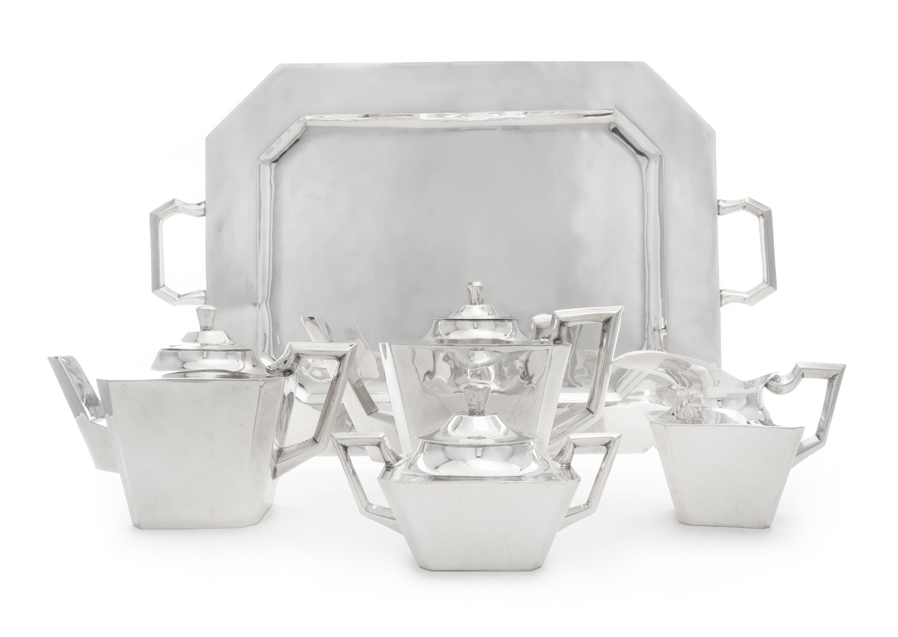 A Mexican Silver Five-Piece Tea and Coffee Service, Feisa, First Half 20th Century, in the Art Deco taste, comprising a coffee pot, tea