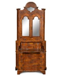 A Continental Burl Walnut Parquetry Bureau Bookcase