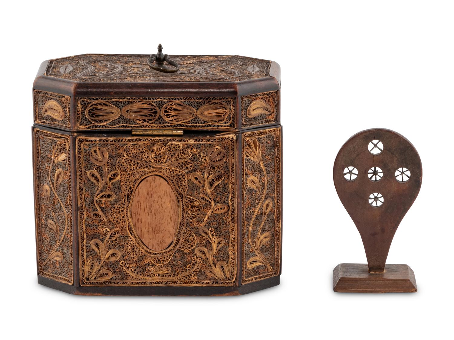 A George III Rolled Paper Tea Caddy and A Basket Splint Guide