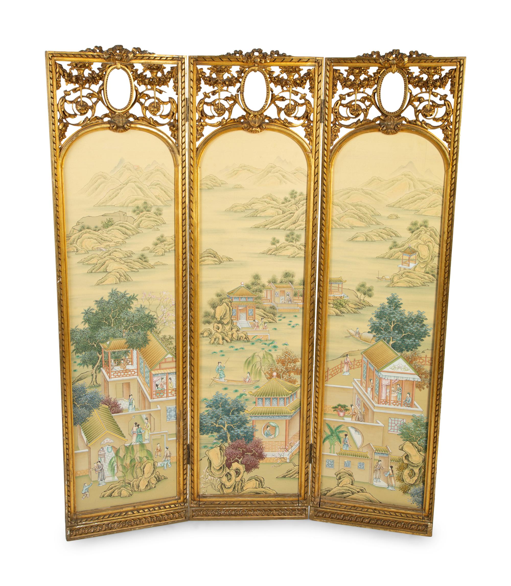 A Louis XVI Style Giltwood Screen with Hand Painted Chinoiserie Panels — 20TH CENTURY