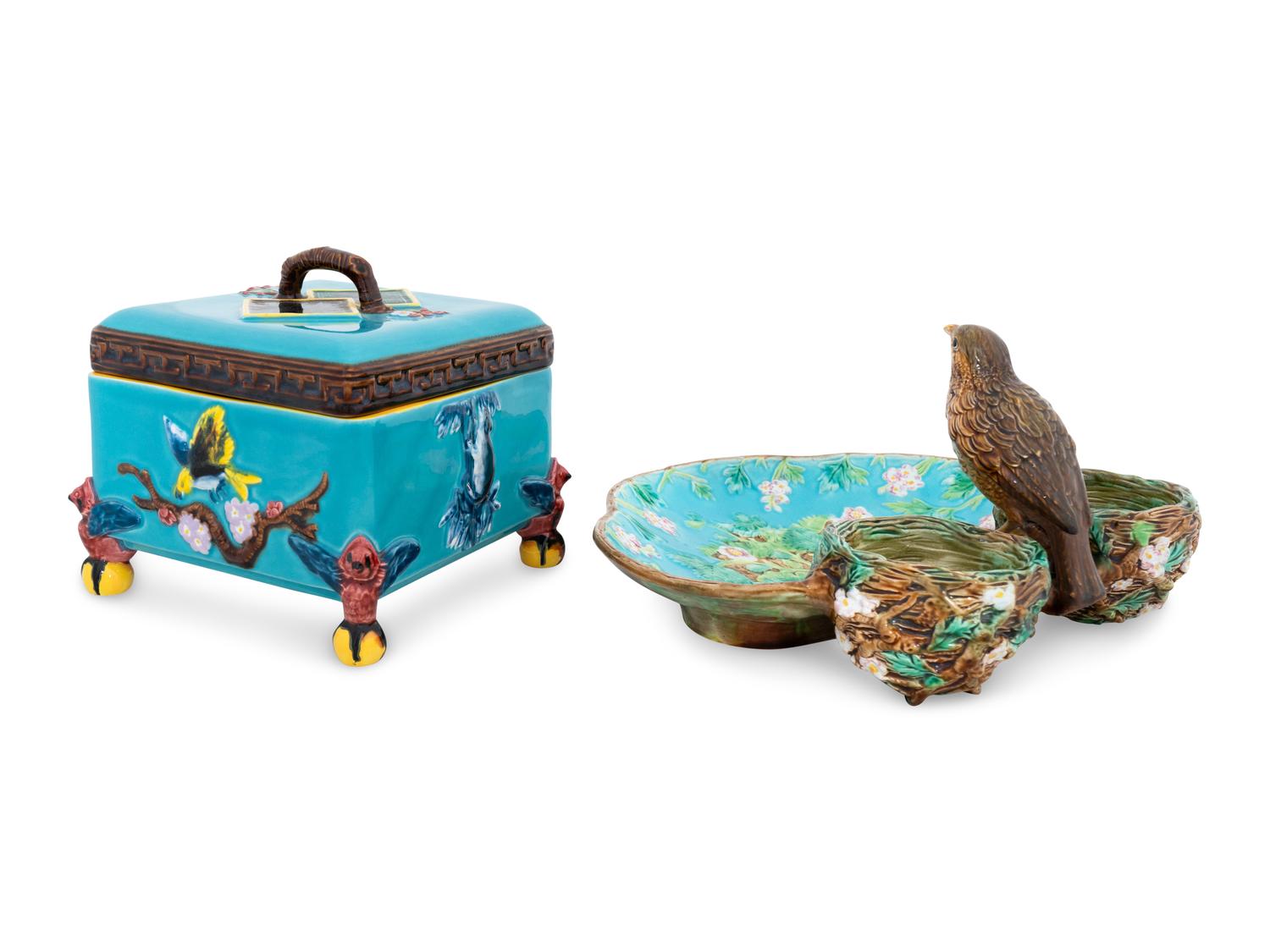 A George Jones Majolica Thrush Strawberry Server and Associated Italian Majolica Box