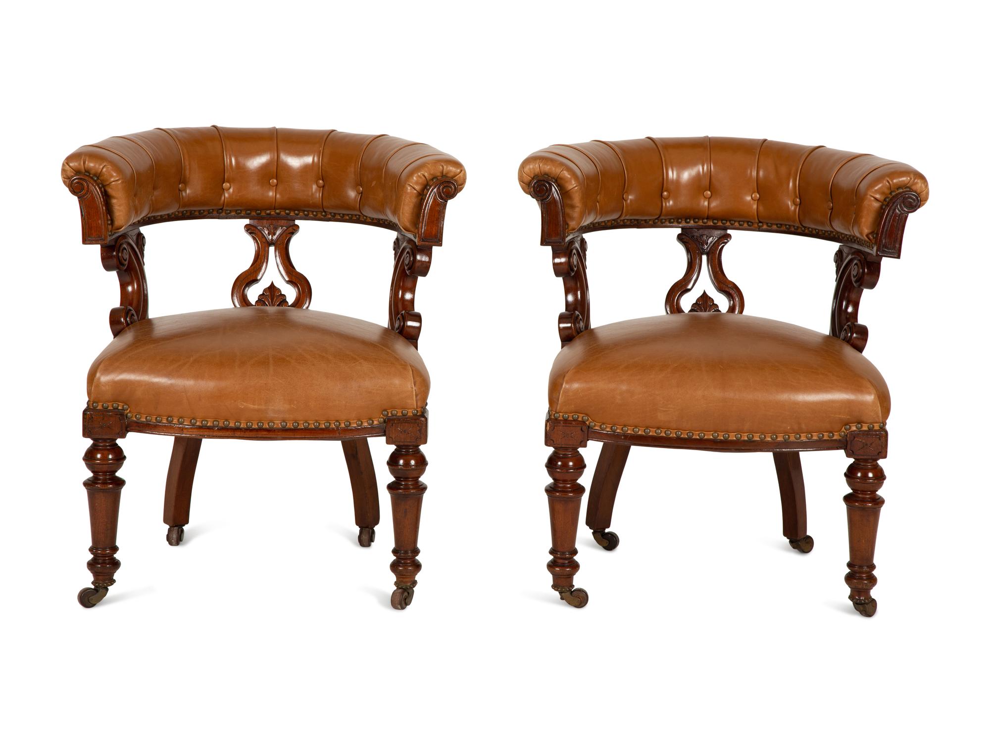 A Pair of William IV Style Leather-Upholstered Mahogany Armchairs