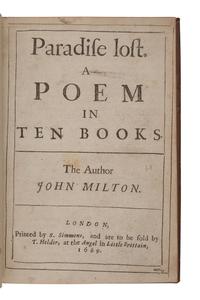 MILTON, John (1608-1674). Paradise Lost . London: Printed by S. Simmons ... to be sold by T. Helder, 1669.