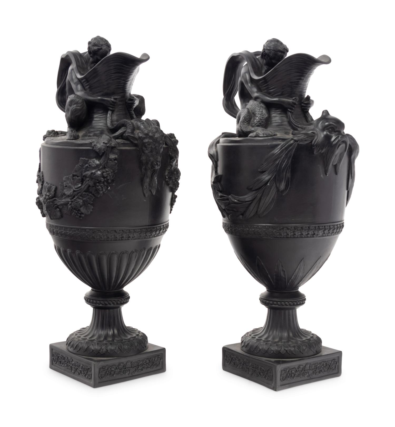 A Pair of Wedgwood Basalt Ewers Emblematic of Water and Wine
