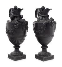 A Pair of Wedgwood Basalt Ewers Emblematic of Water and Wine