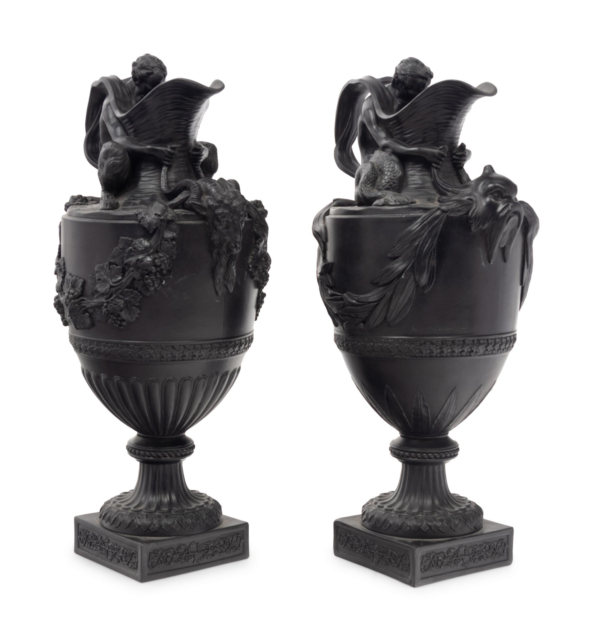 A Pair of Wedgwood Basalt Ewers Emblematic of Water and Wine