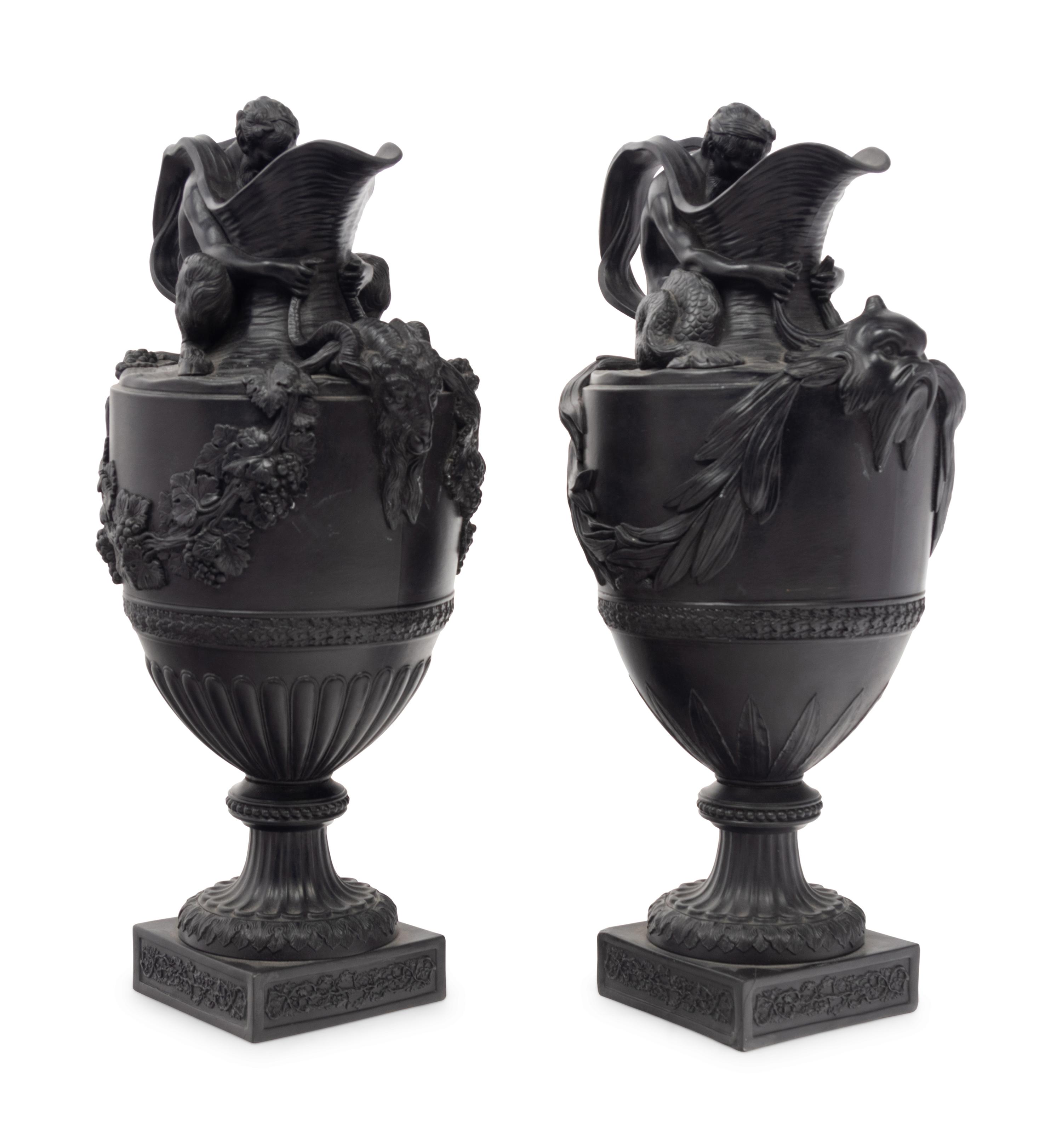 A Pair of Wedgwood Basalt Ewers Emblematic of Water and Wine