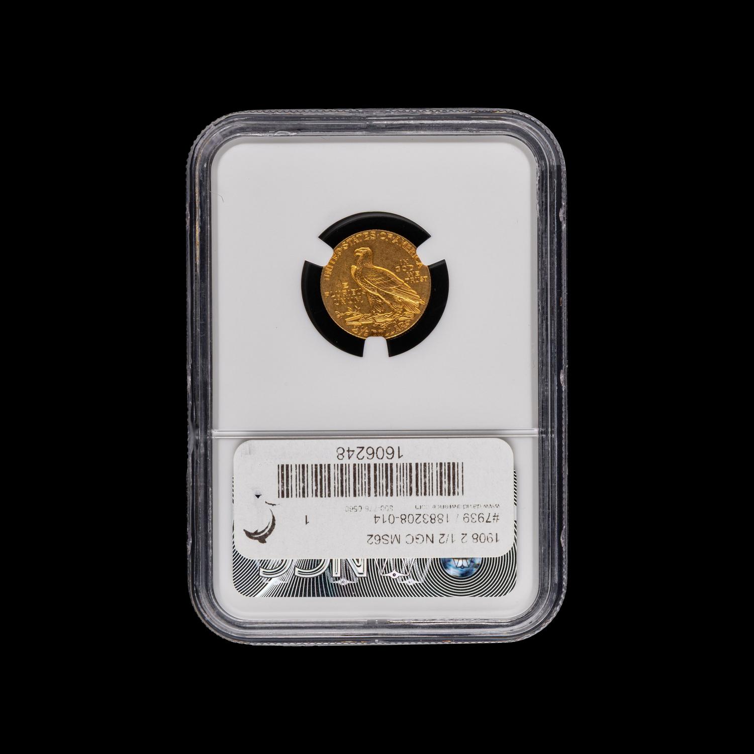 A 1908 Indian Head $2.50 Gold Coin [NGC MS62]