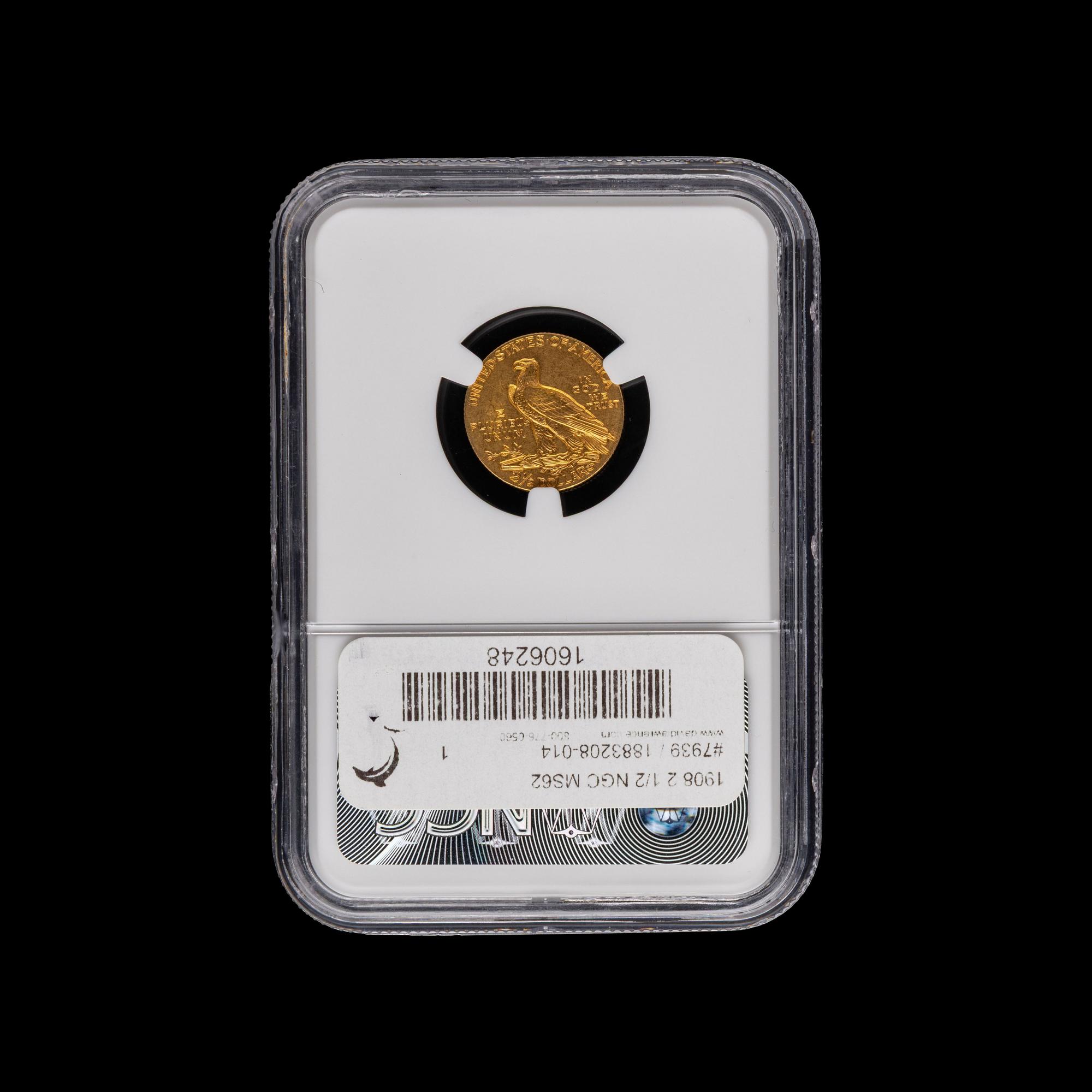 A 1908 Indian Head $2.50 Gold Coin [NGC MS62]