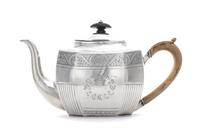 A George III Silver Teapot, John Wren, London, 1805, the body with a floral and foliate decorated band above a vacant floral cartouche.
