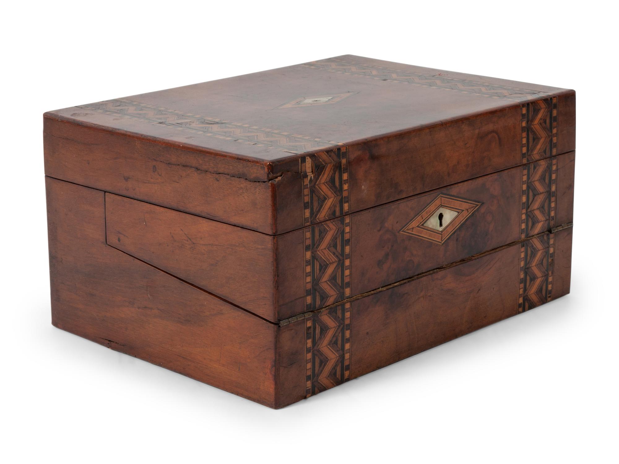 A Regency Parquetry and Mother-of-Pearl Inlaid Walnut Writing Box