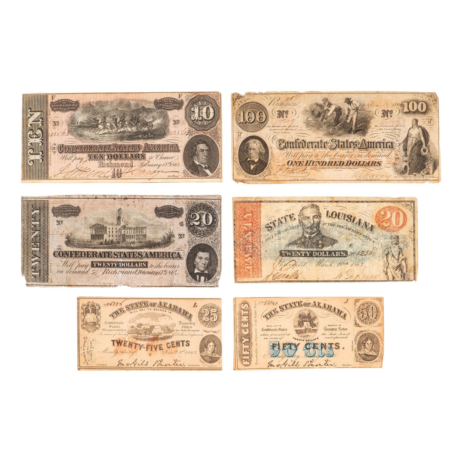 [CIVIL WAR - CURRENCY]. A group of 6 Confederate currency notes, comprising: