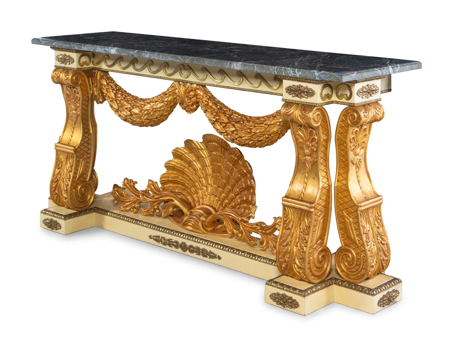 A Pair of Neoclassical Style Giltwood Marble-Top Console Tables
