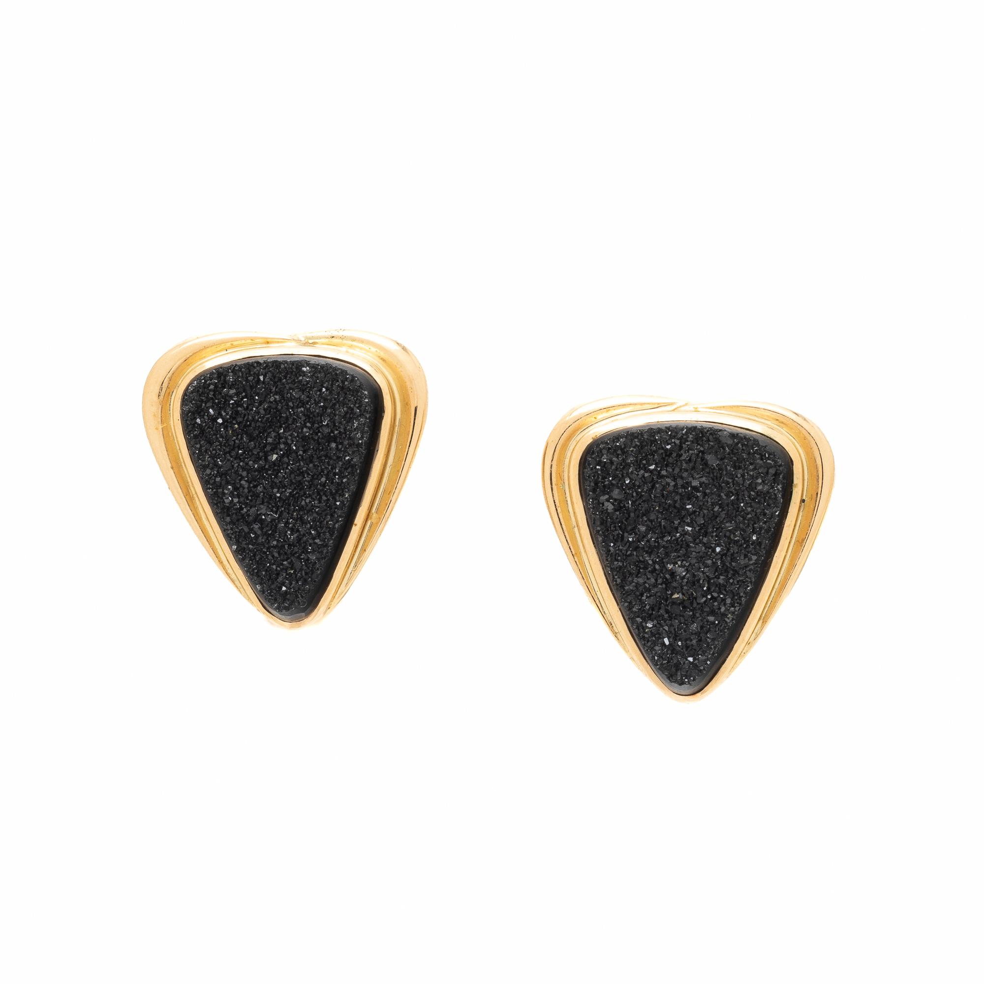Black Druzy Quartz and Yellow Gold Earrings
