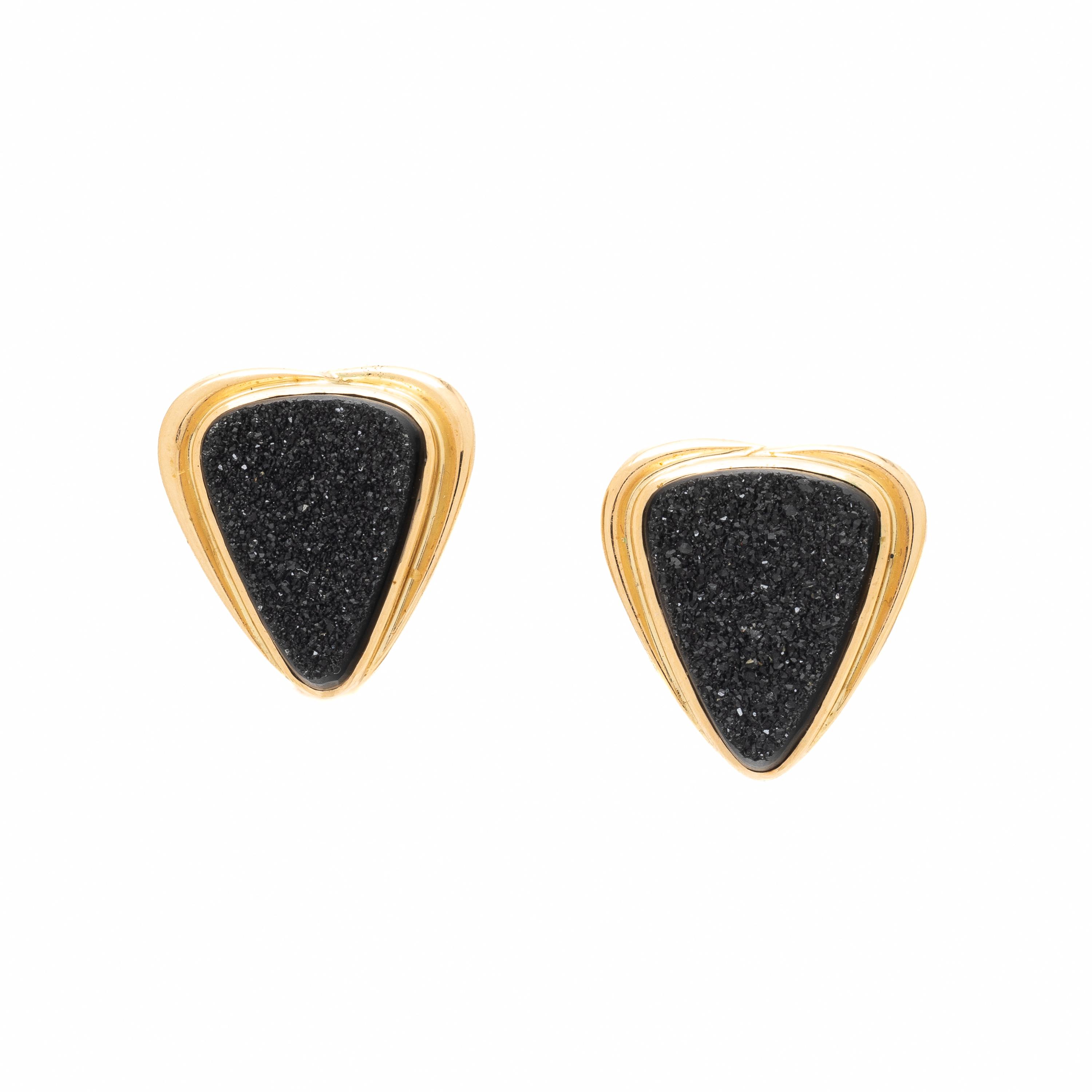 Black Druzy Quartz and Yellow Gold Earrings