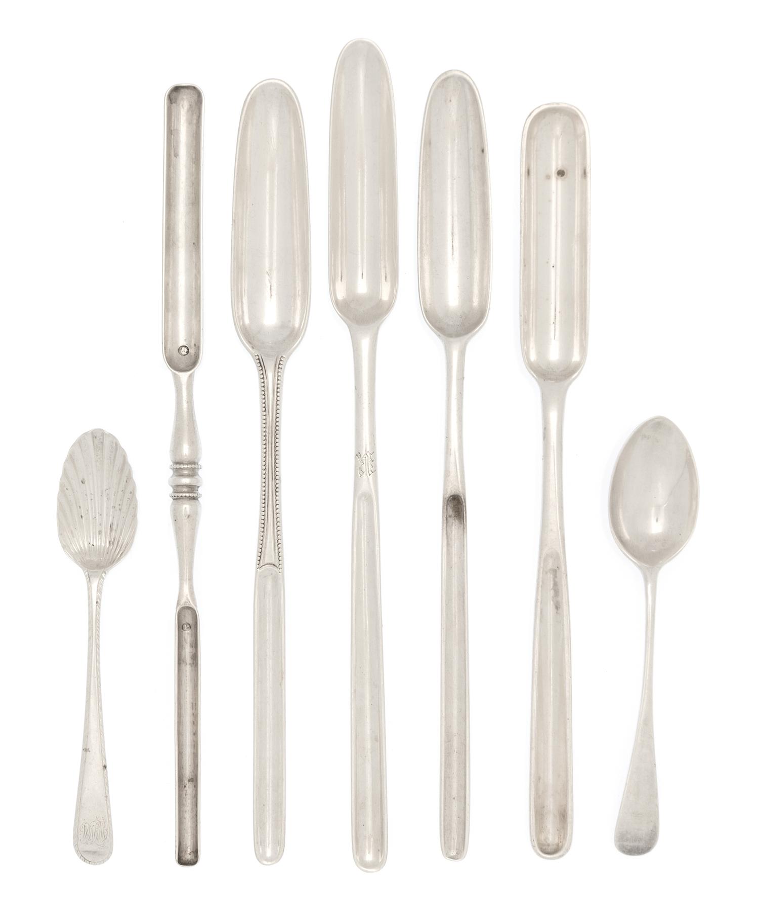 Nine English Silver Marrow Scoops, Various Makers, 18th/19th Century, together with ten English silver coffee spoons in two patterns, a
