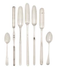 Nine English Silver Marrow Scoops, Various Makers, 18th/19th Century, together with ten English silver coffee spoons in two patterns, a