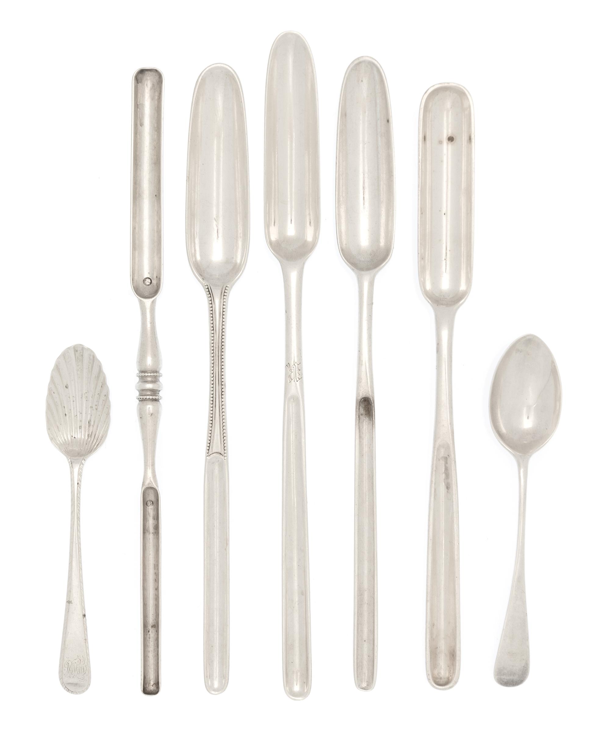 Nine English Silver Marrow Scoops, Various Makers, 18th/19th Century, together with ten English silver coffee spoons in two patterns, a
