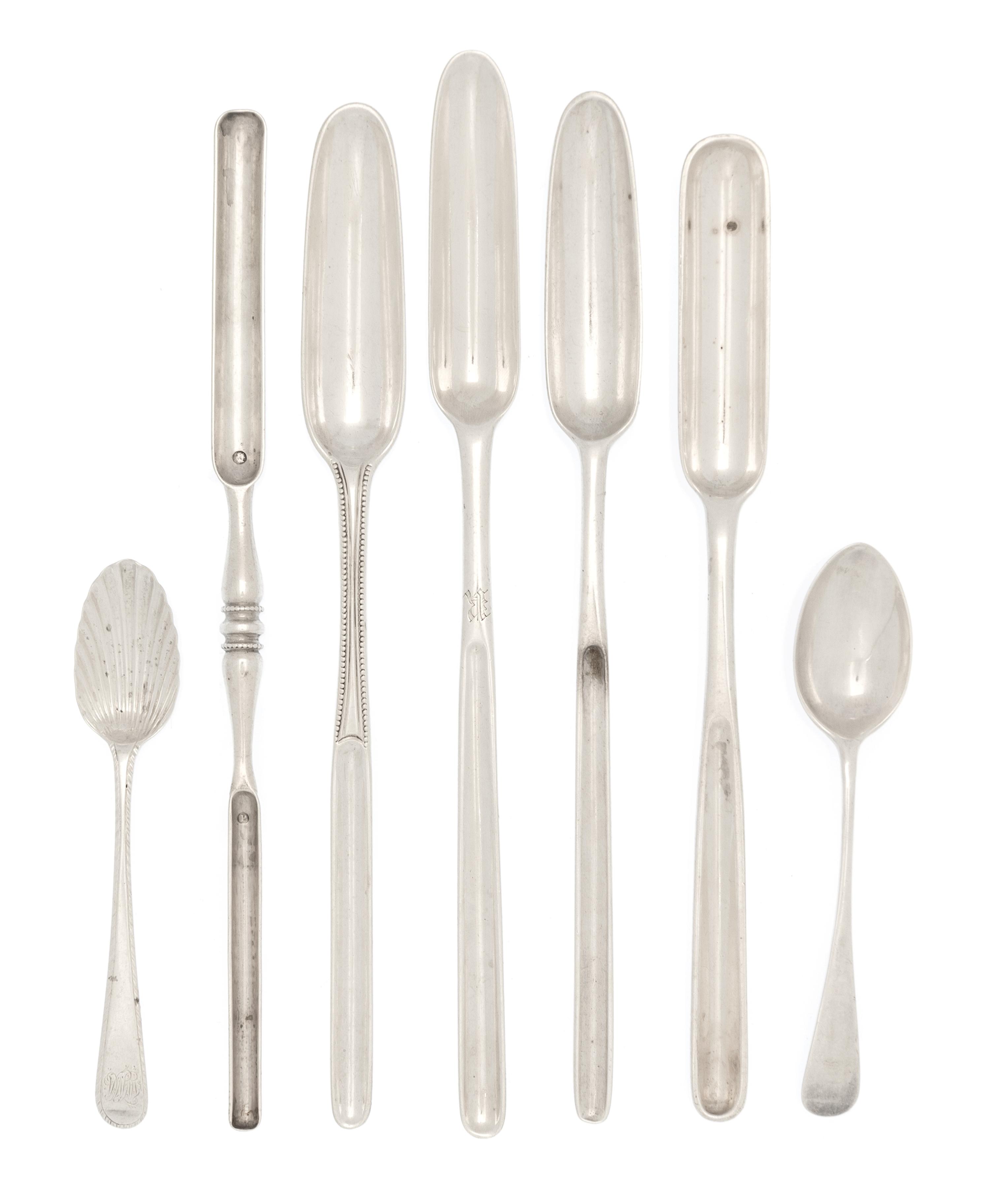 Nine English Silver Marrow Scoops, Various Makers, 18th/19th Century, together with ten English silver coffee spoons in two patterns, a