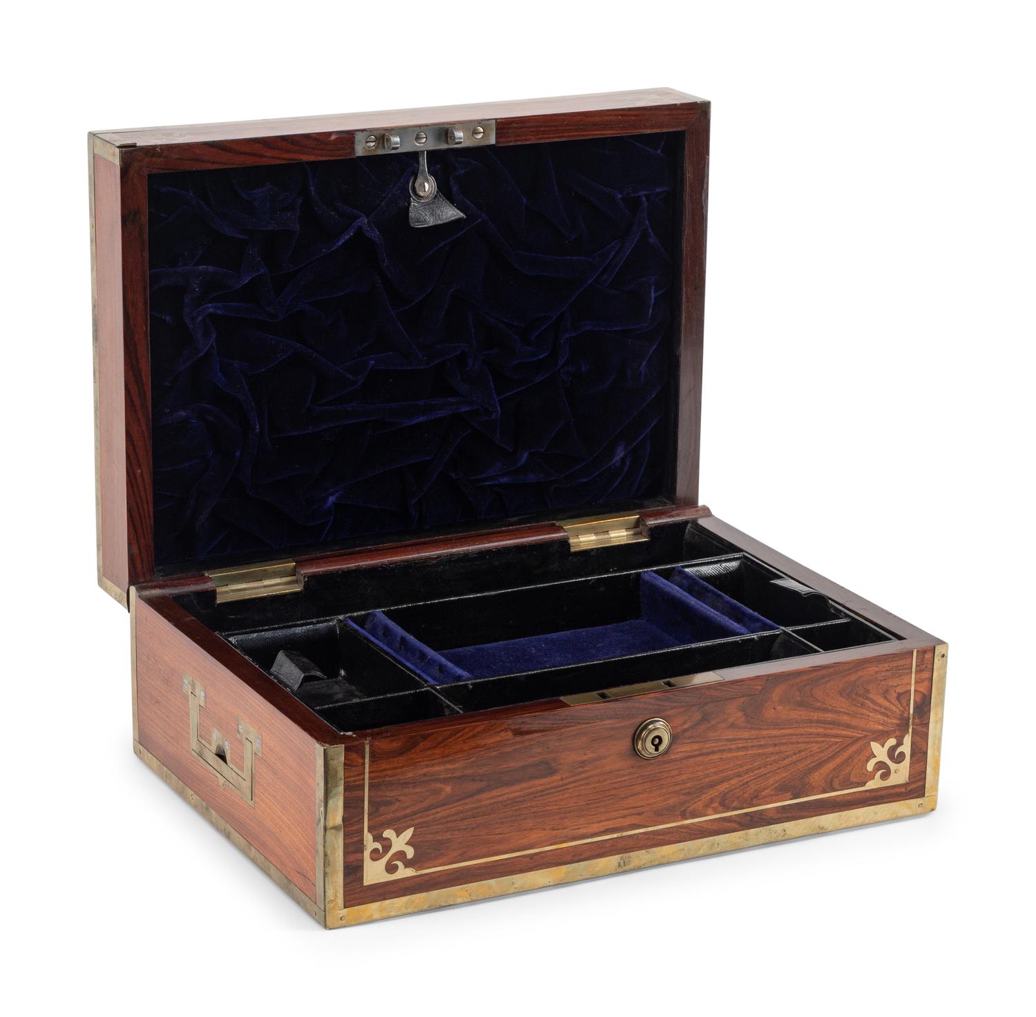 An English Brass Mounted Rosewood Jewelry Casket
