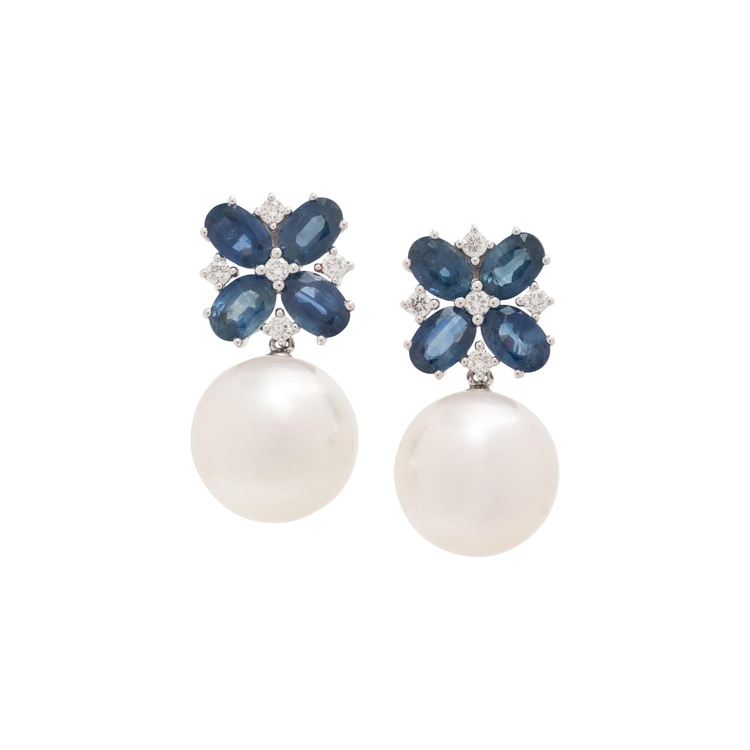 CULTURED SOUTH SEA PEARL, SAPPHIRE AND DIAMOND EARRINGS