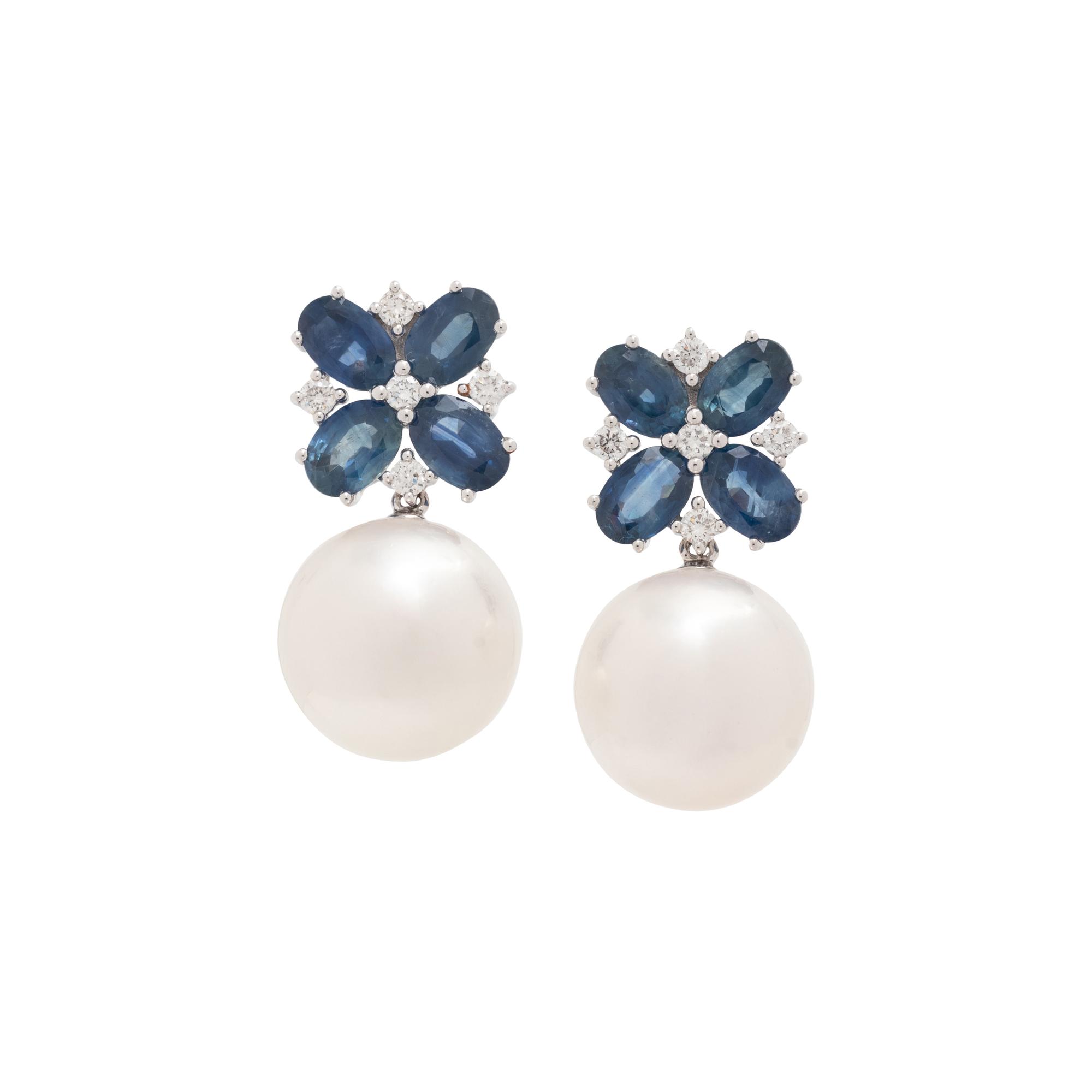 CULTURED SOUTH SEA PEARL, SAPPHIRE AND DIAMOND EARRINGS